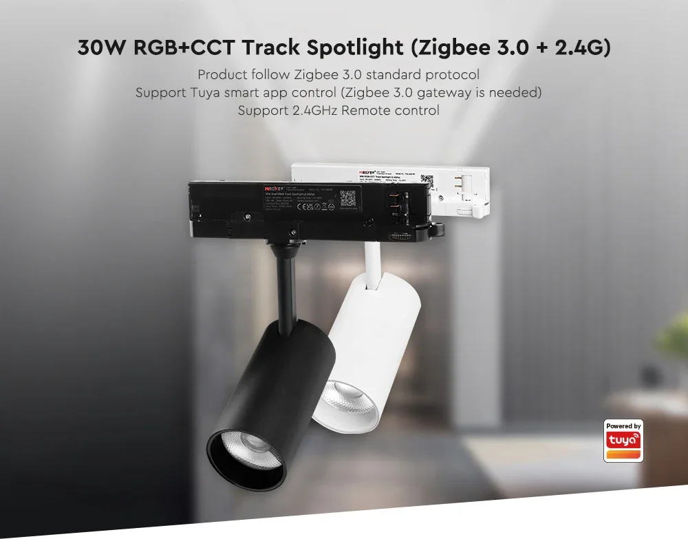 Miboxer Zigbee 3.0 + 2.4G 트랙 라이트, RGB + CCT 트랙 스포트라이트, 투야 앱, 30W 스포트라이트 레일 타입 램프, 2.4GHz 원격 앱 제어
