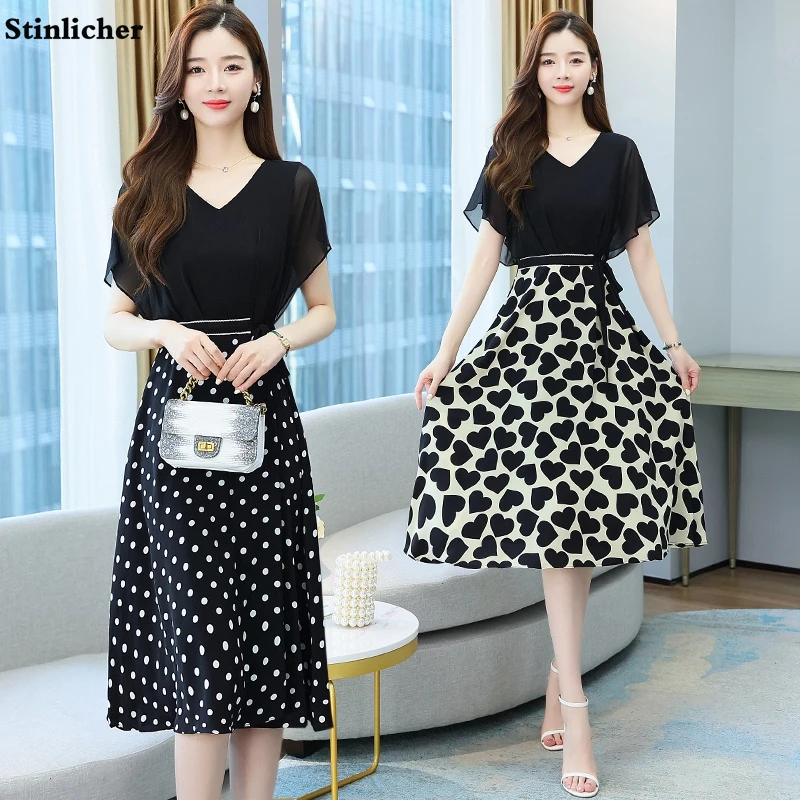 

Summer Polka Dot Heart Print Chiffon Long Dress Women Casual Slim V Neck Ruffle Korea Fashion Office Ladies Work Midi Dress