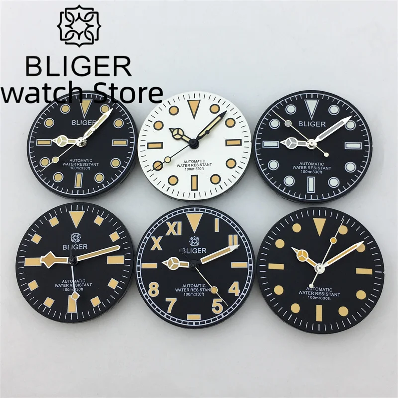 

BLIGER 29mm watch dial Dateless dial with hands C3 luminous fit NH34 NH35 NH36 ETA2824 2836 PT5000 DG Miyota 82 series movement