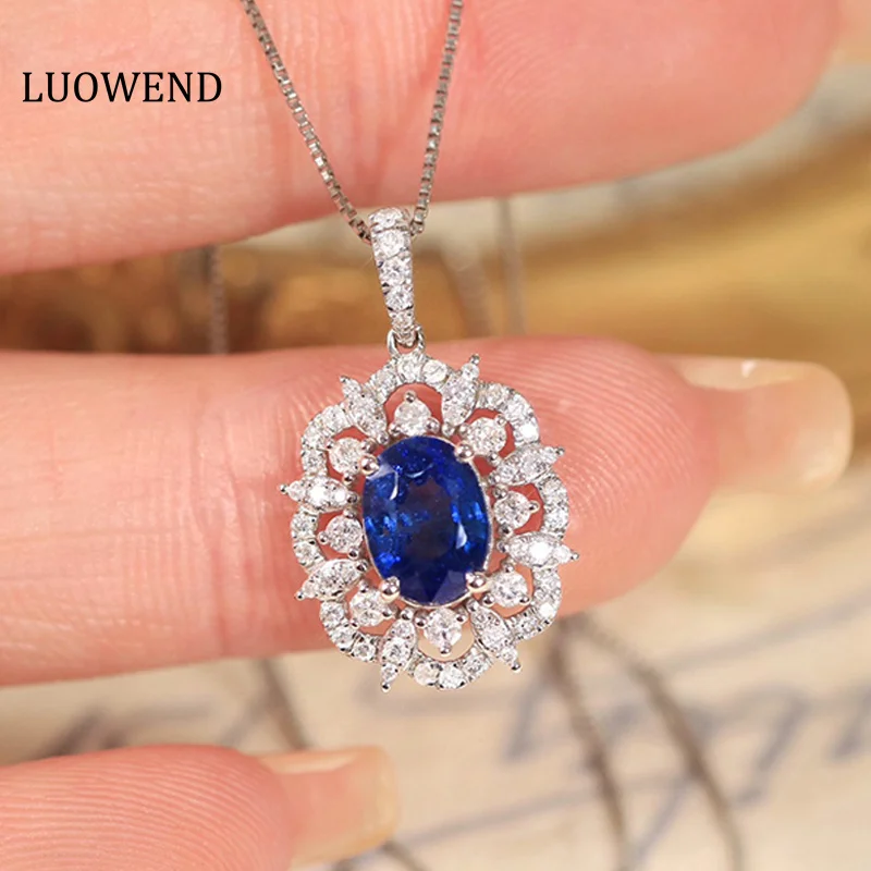 LUOWEND 18K White Gold Pendant Natural  Blue Sapphire Necklace Classic Style Shiny Gemstone Fine for Women Diamond Jewelry