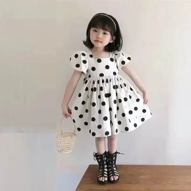 여아용 귀여운 버블 소매 오픈 백 공주 원피스, 폴카 도트 한국 에디션, 여름 신상