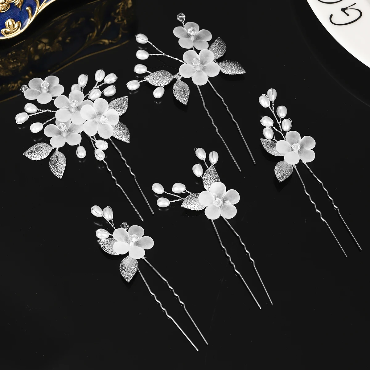 5-teilige Perlen-Blumen-Haarnadel, Braut-Haarspange, Silber, modisch, Hochzeit, Haarteil, Damen, Mädchen, Schmuck, Haarschmuck als Geschenk – Detail 5