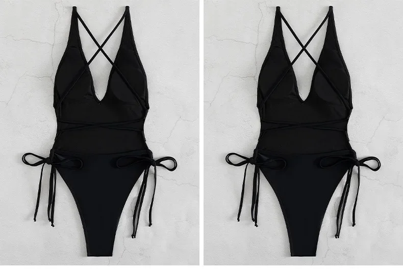 Sexy Deep V Neck One Piece Swimsuit Women Solid Yellow White Hollow Out Pleate Swimwear Beach Bandage Bathing Suit Monokini