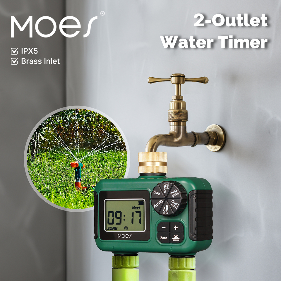MOES Brass Water Timer 2-Outlet IPX5 Waterproof LCD Display Smart Irrigation Control Rain Delay Child Lock Outdoor Use