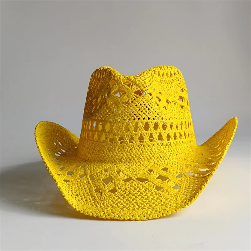 Gelber Strohhut mit Malan-Blumen, handgewebter, hohler Cowboyhut für Herren und Damen, Sommer-Sonnenhut, Jazz-Strohhut, Western-Cowboyhut – Detail 4