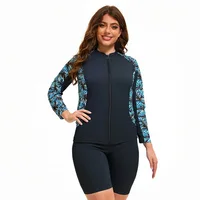 Women's Plus Size Swimwear  Modest Long Sleeves SwimsuitsTree Printed  Bathing Suits with Shorts Knee Length for Female Swimming