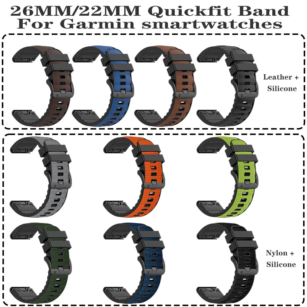 Quickfit Silicone & Nylon Strap with Leather Accents - Premium 26mm/22mm Band