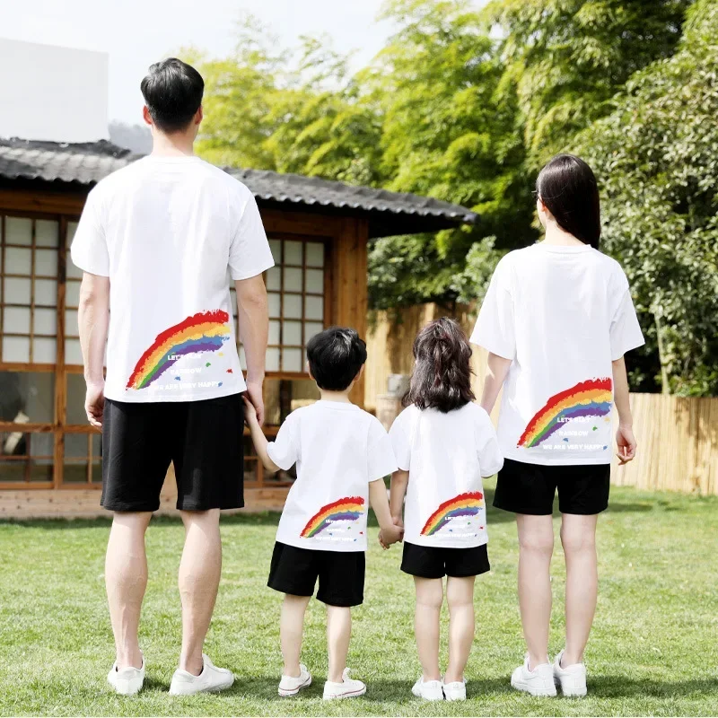 

Mom Daughter Casual Cotton Soft Short Sleeves Tops Family Outfits Tees Family Matching Clothing Rainbow Printing Couple T Shirts