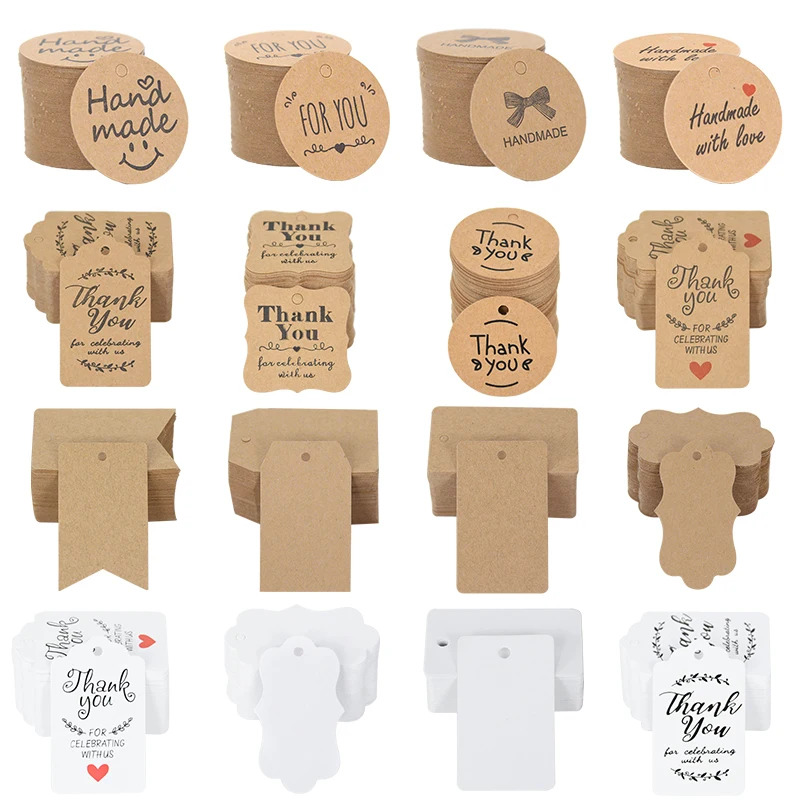 100Pcs Kraft Paper Gift Tags Thank You Labels Handmade with Love for Wedding Party Decoration Gift Packaging Hang Paper Tags