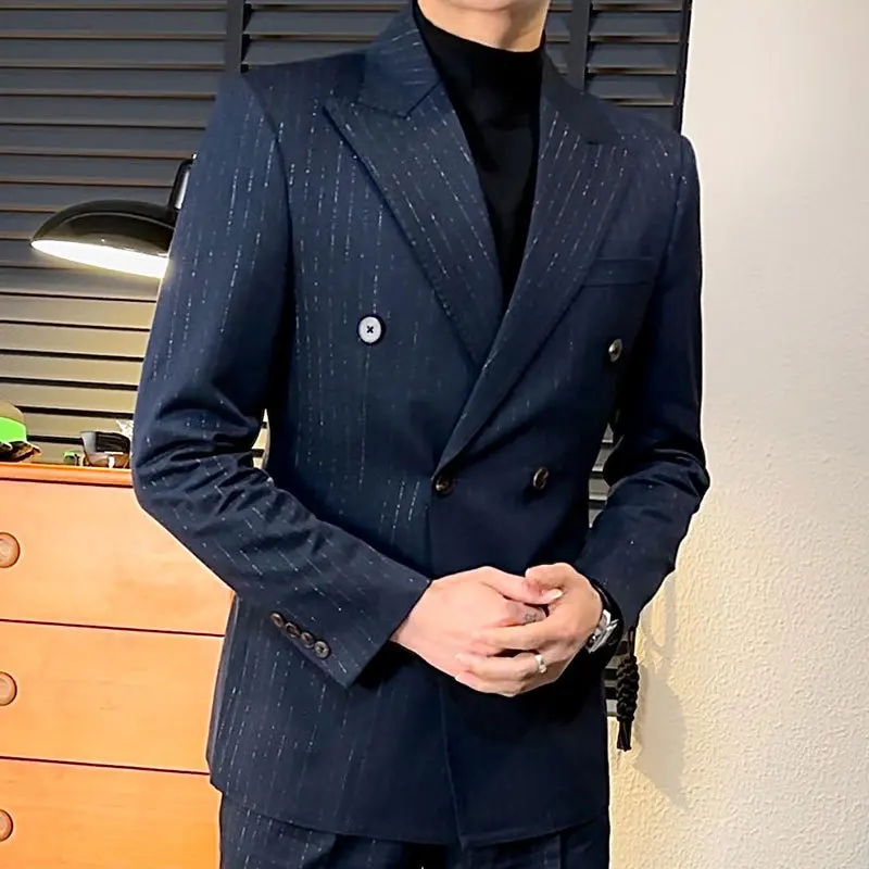 Lurex Yarn Casual Double Breasted Stripe For Men 2023 Blazer Masculino British Daily Men Blazer Hombre Fashion Shiny Slim Blazer