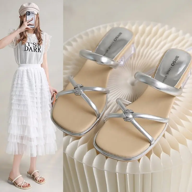 2024 New Designer Summer Pumps Slippers Sandals Shoes Women High Heels Square Toe Sandal Lady Shoes  heels women Fashion Casual