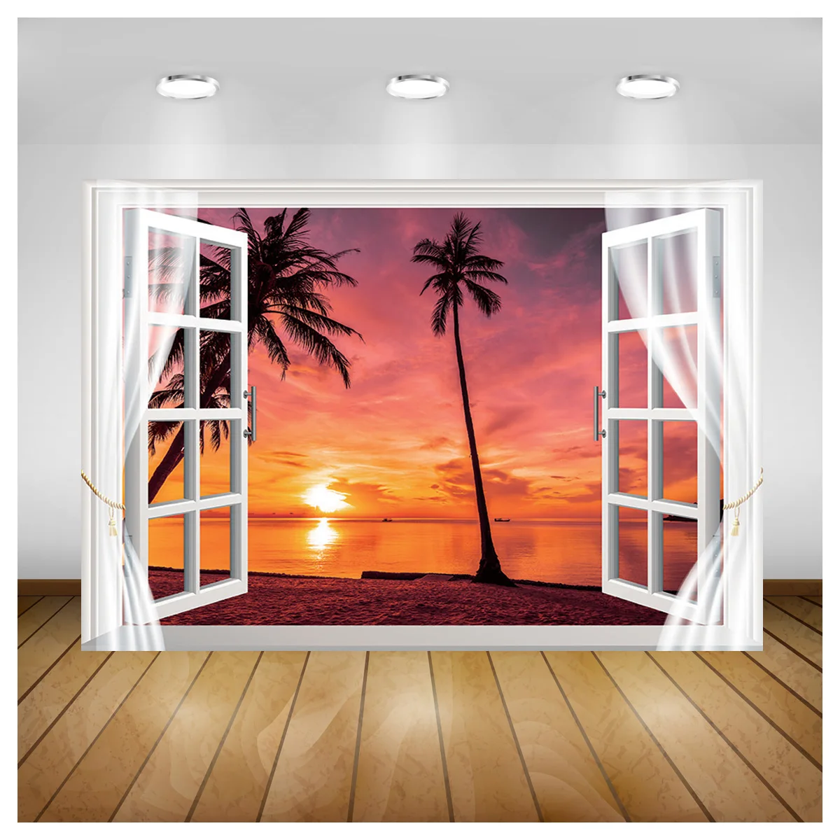 

Vinyl Custom Window Beach Coconut Tree Photography Backdrops Props Scenery Mall Indoor Decoration Photo Studio Background HH-17