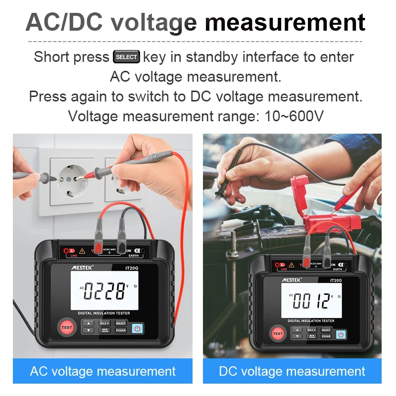 MESTEK Insulation Resistance Tester 1000V 20G&Omega; LCD Display Digital Megohmmeter AC/DC Voltage Data Store Ratio DAR 200G&Omega; 2500V