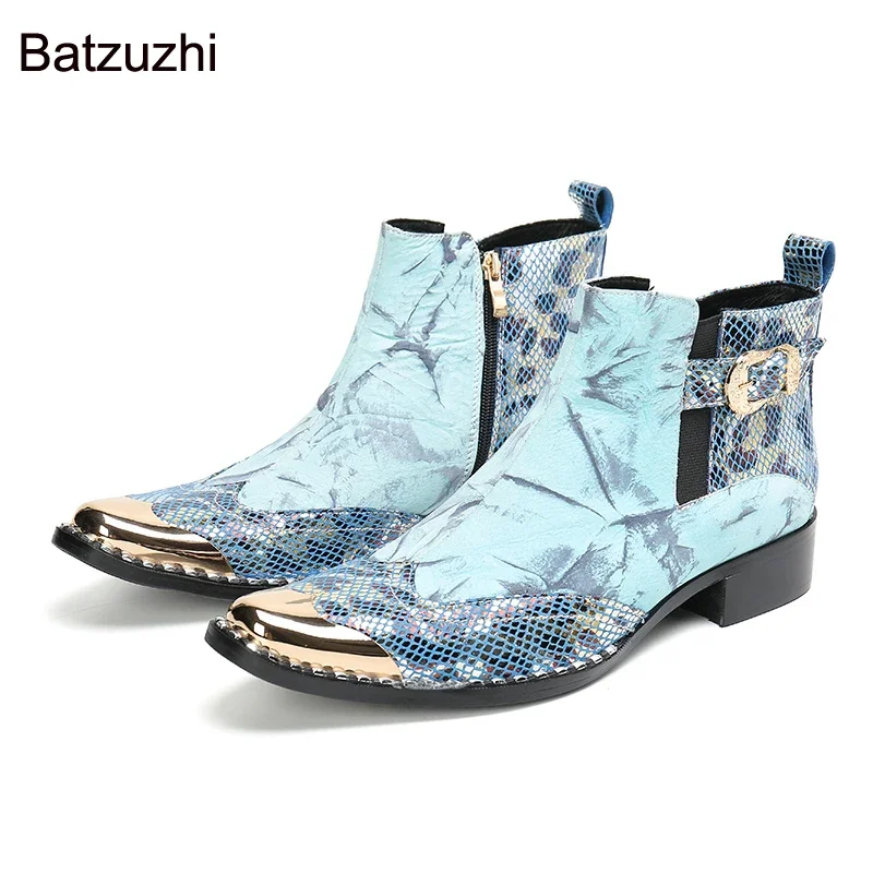 

Batzuzhi, новый дизайн, мужские ботинки, золотистые кожаные мужские короткие ботинки с железом, небесно-голубые деловые/искусственные/свадебные ботинки, искусственные ботинки!