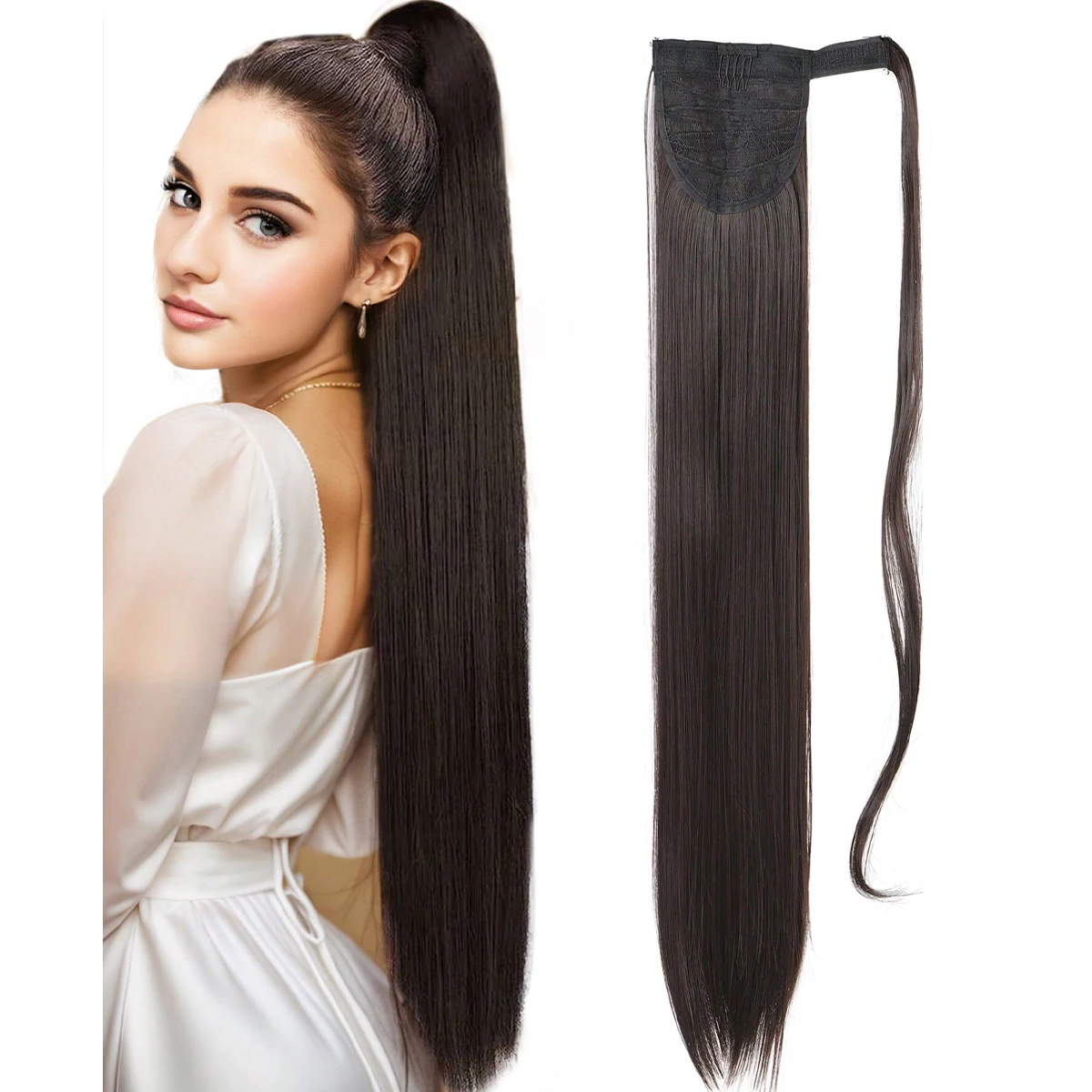 JINKAILI Long Straight Ponytail Extension Wrap Around Ponytail Heat Resistant Synthetic Pony Tail Hair Black Blonde Red Brown )