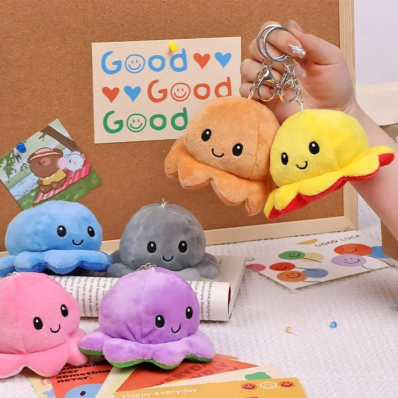 Keychain Fluffy Flip Double Face Animal Plush Toy Reversed Colorful Rabbit Octopus Cosplay Plushie Peluche Cuddly Boy Girl Gifts