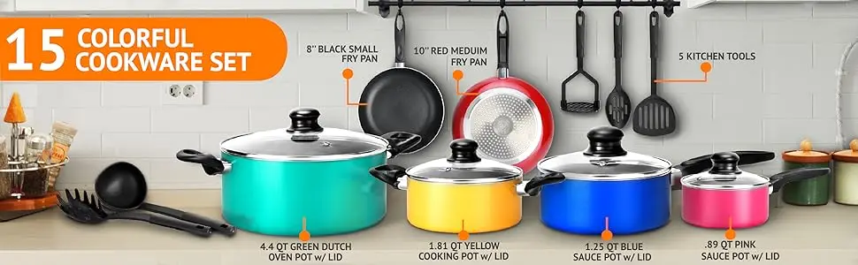 Kitchenware Pots;Pans Set;Colorful Kitchen Cookware;Black Non-Stick Coating Inside;cookware set