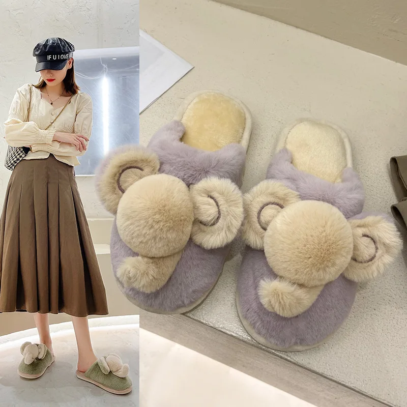 Women Slippers Cartoon Elephant Winter Fur House Indoor Outdoor Plush Warm Cotton Shoes Men Couple Comfortable Zapatillas Mujer