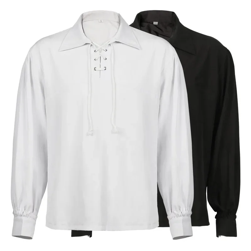 

Victorian White Stand Collar Long Sleeves Mens Shirt Steampunk Tops Medieval Cosplay Costumes Vintage Plus Size Gothic Clothing