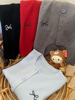 الكورية نمط القوس المطرزة سترة مشغولة من الصوف المرأة الخريف الشتاء الصلبة كم كامل سترة موضة س الرقبة واحدة الصدر القمم