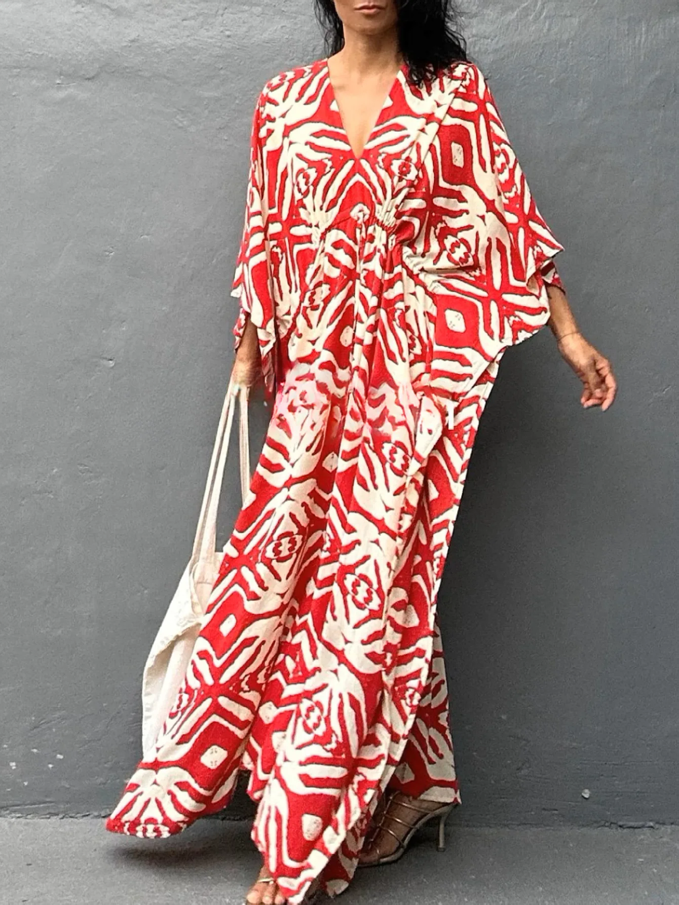 Kaftans for Women Geometric Printed Beach Dresses Drawstring Cover Ups for Swimwear Summer Holiday Outfits Dropshipping 4