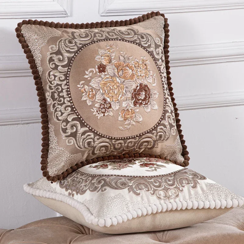 

2pcs Satin Embroidered Square Pillowcase Sofa Chair European Style Cushion Pillowslip Plush Ball Edge Waist Cushion Cover