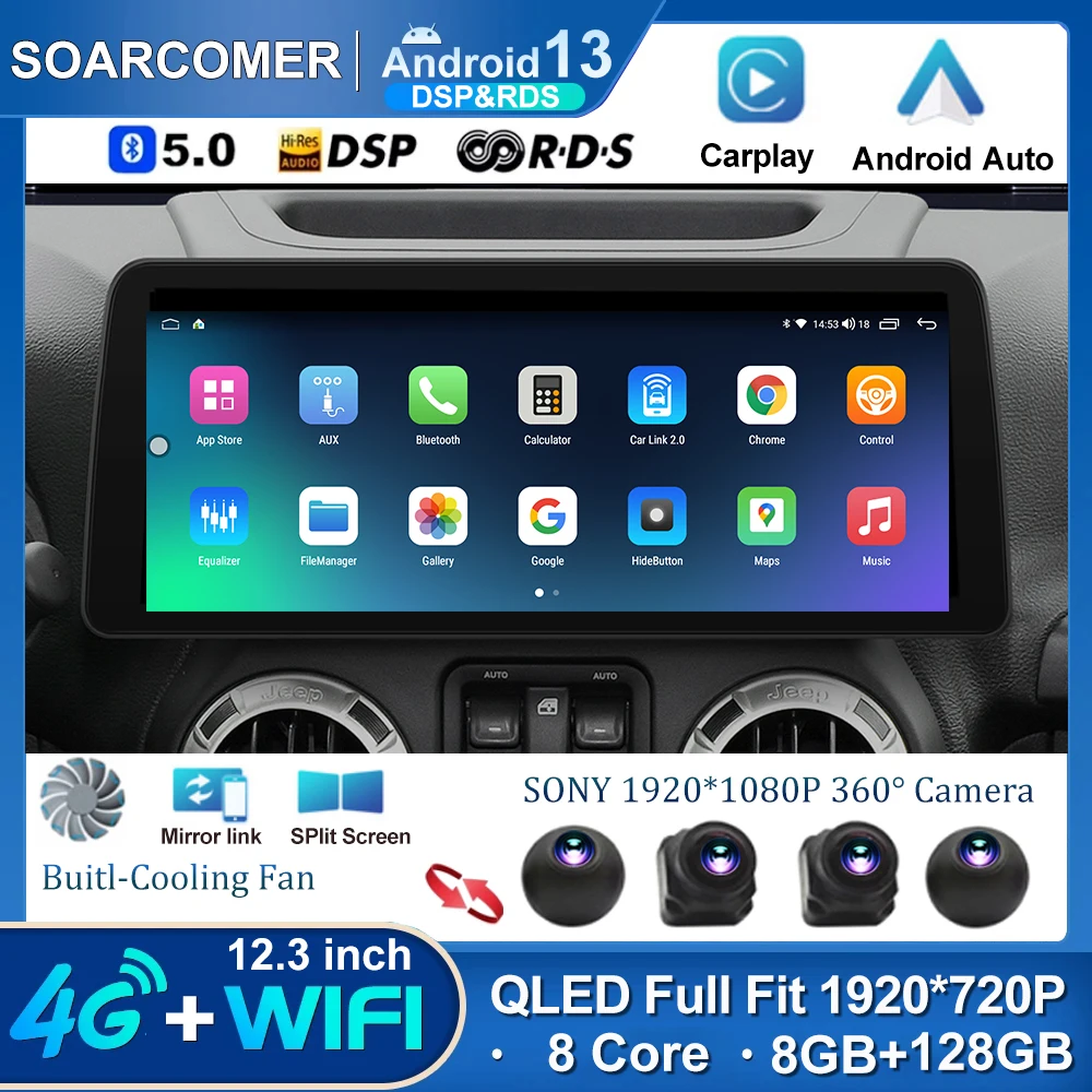 

12,3 ''1920*720 QLED экран автомобиля Android 13 для Jeep Wrangler 3 JK 2011 2014 мультимедийный видеоплеер 2DIN радио GPS CarPlay 128G