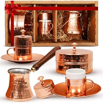 Turkish Coffee Set Turkish Coffee Maker Set w 2 Cups Sugar Dish Copper Turkish Coffee Pot Cezve Traditional Turkish Gifts in A 1