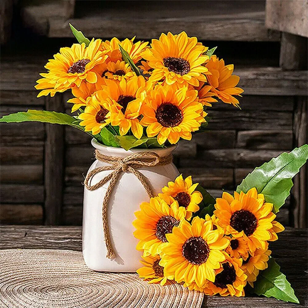 7 Heads Artificial Sunflower Flowers Bouquet Silks Flowers for Home Bridal Wedding Car Party Festival Gifts DIY Vase Decor