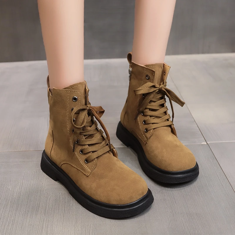 2023 Fashion Women's Shoes Basic Women's Boots Casual Ankle Boots Women Side Zip Cross-tied Round Toe Square Heel Shoes Female