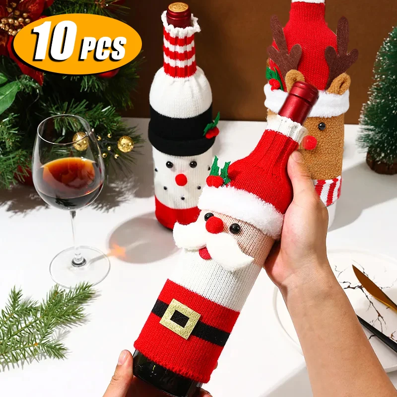3/5/10PCS Christmas Sweater Wine Bottle Cover Set Santa Snowman Knitted Wine Bottle Bag Christmas Party Dinner Table Decoration wine bottle cover burlap wine bags