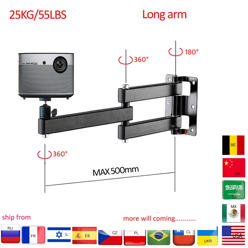 Suporte de Parede Universal Lcd123l-pr Forte Movimento Total Rotação de 360 Graus Inclinação 30kg Perfil Distância da Parede do Projetor