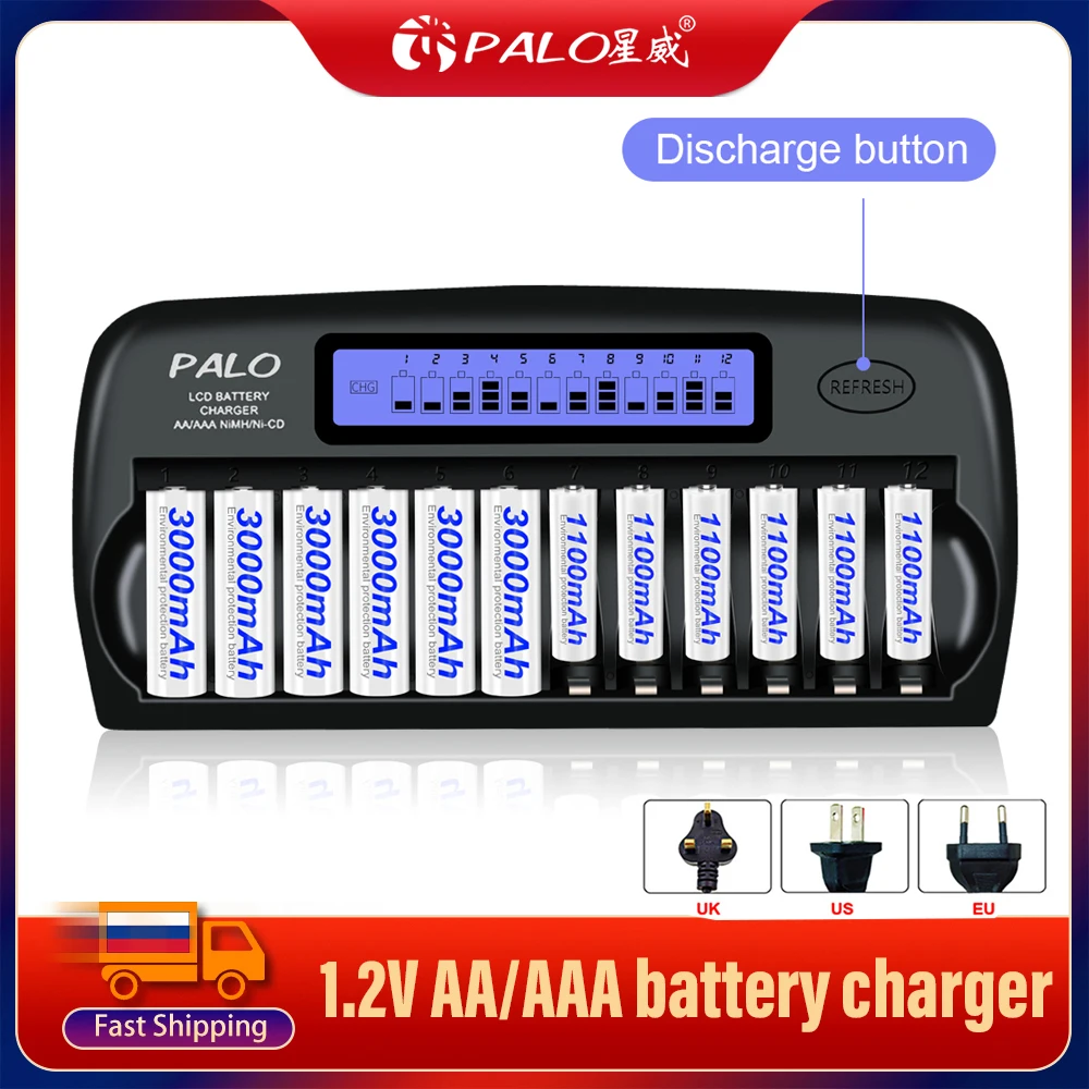 Battery Charger Fast Charger 4-16 Slots Fast Smart Charger LCD display Built-In IC Protection Intelligent Rapid Battery Charger for 1.2V AA AAA Ni-MH Ni-Cd