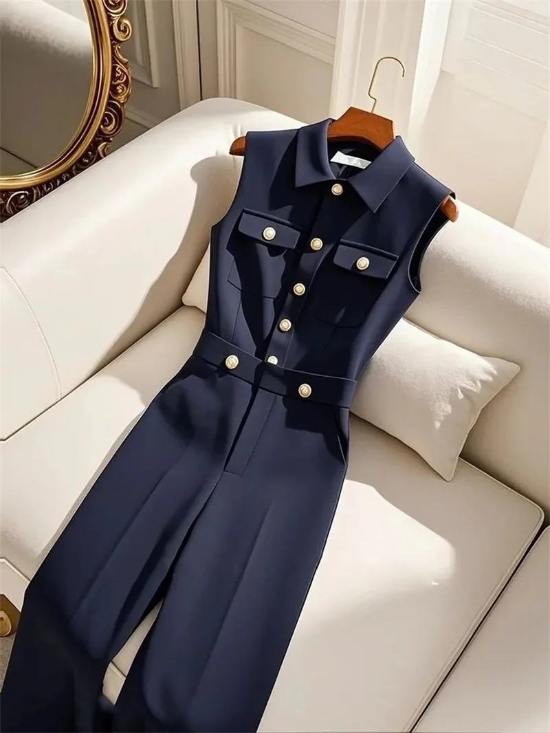 Ladies New Slackness Unique Jumpsuit Temperament Advanced Feeling Tibetan Blue Simple Leisure High Waist Spring And Autumn Bib
