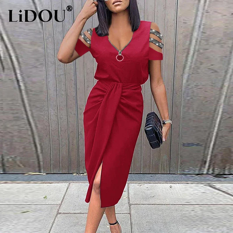 

Solid Zipper V-neck Pleaded Hollow Short Sleeve Skinny Casual Midi Dresses Women Summer Sexy Elegant Party Dress Robe Femme