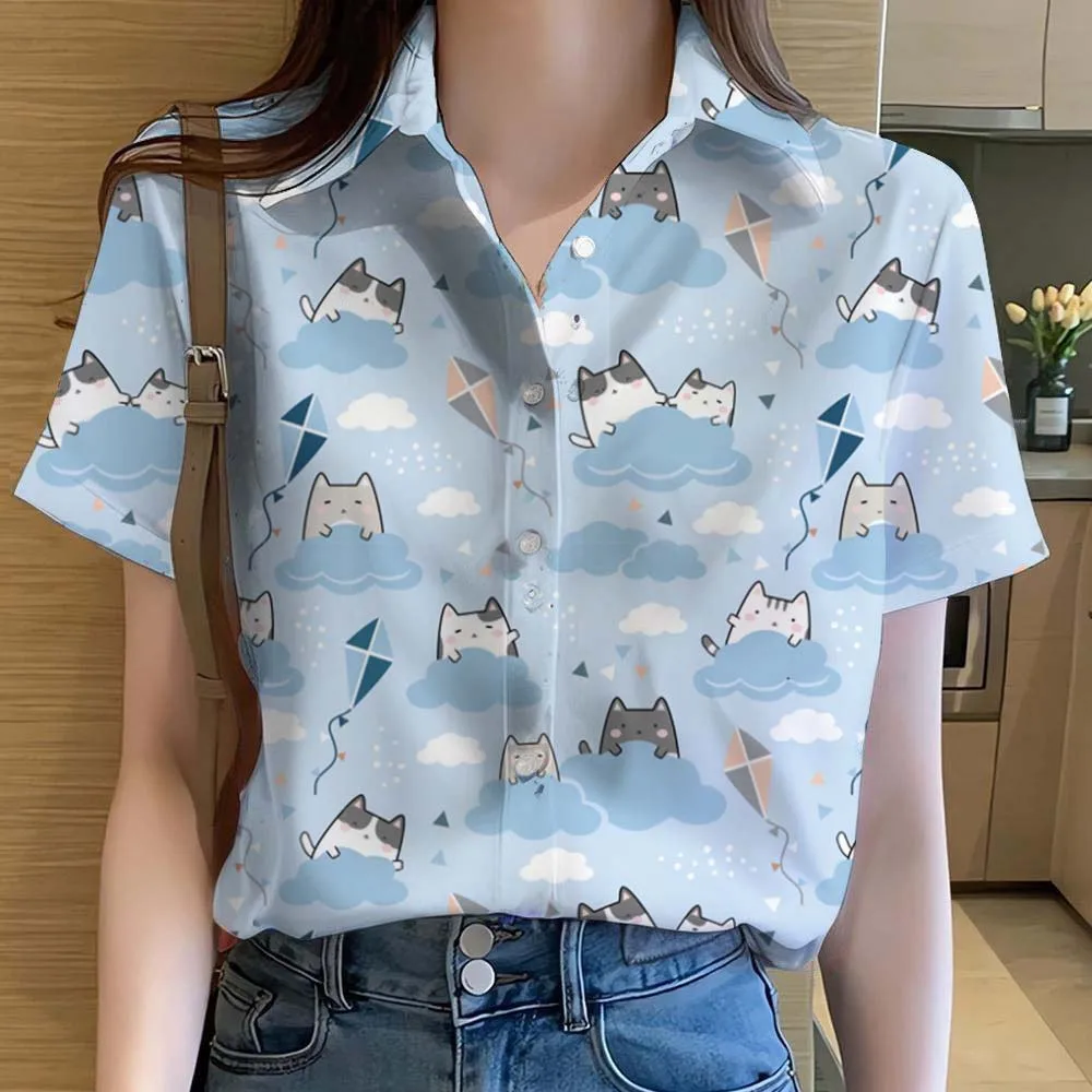 Womens Shirts Cute Dinosaur Animal Cat 3D Printed Casual Hawaiian