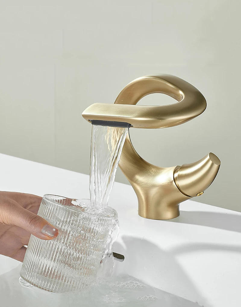 Description Picture 6 of itemBasin Faucet Brushed Gold Waterfall Faucet Black Brass Bathroom Faucet Bathroom Basin Faucet Mixer Tap Hot And Cold Sink Faucets