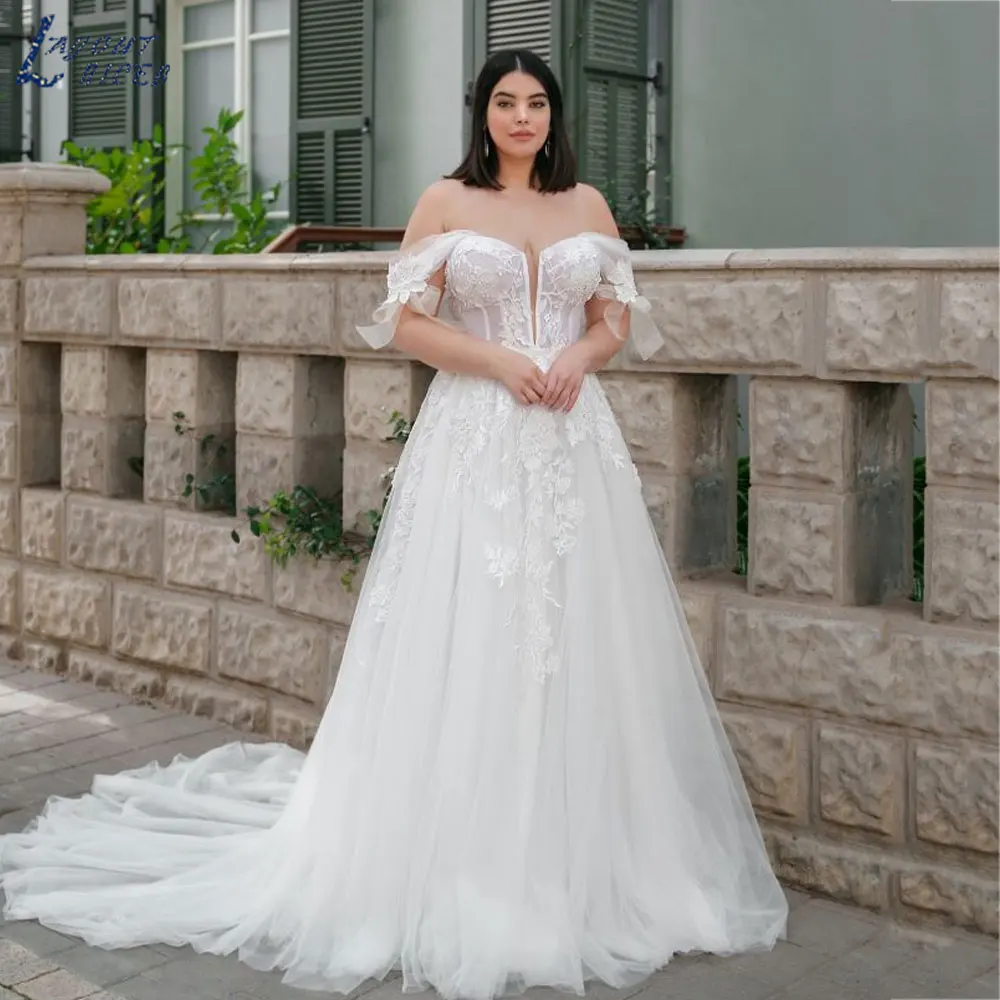 

LAYOUT NICEB Classic Off Shoulder Tulle Bride Dresses Simple Backless Short Sleeves Wedding Gowns Appliques Custom Made 프롬드레스