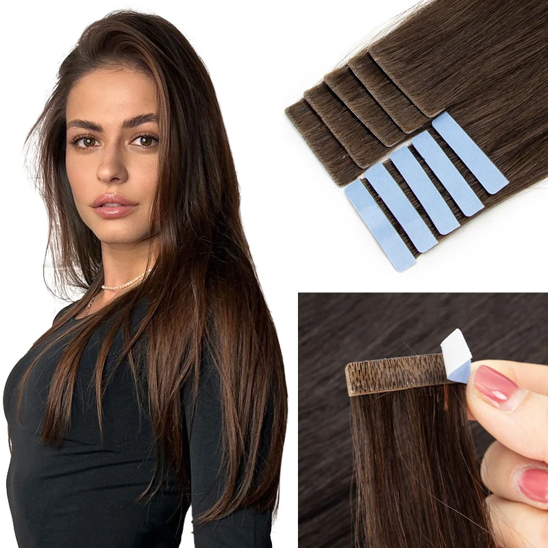 02# Chocolate Brown Invisible Tape Hair Extensions Hand Tied Tape in Hair Extensions Natural Adhesive Extension 10pcs/pack
