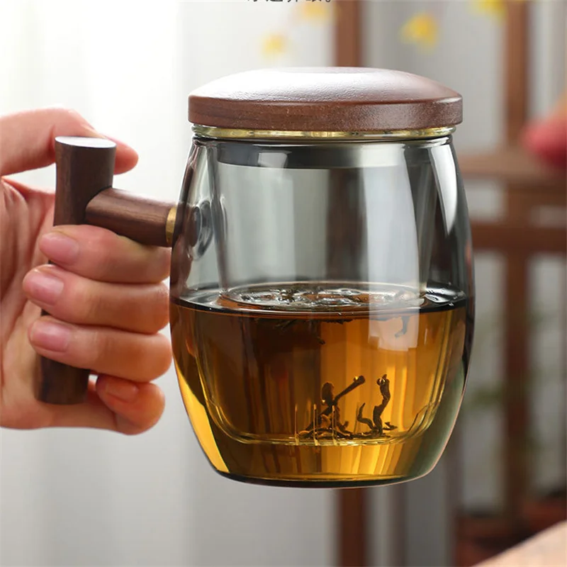 

Термостойкая чайная чашка из боросиликатного стекла с фильтром для заварки чая с деревянной ручкой и разделением воды