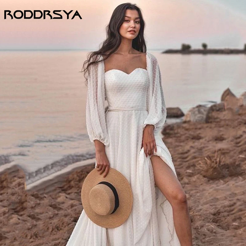 

RODDRSYA Beach Side Slit Wedding Dress A-Line Puff Sleeve Bridal Gown Dot Chiffon Sexy Sweetheart Bohemian vestido de noiva 2023