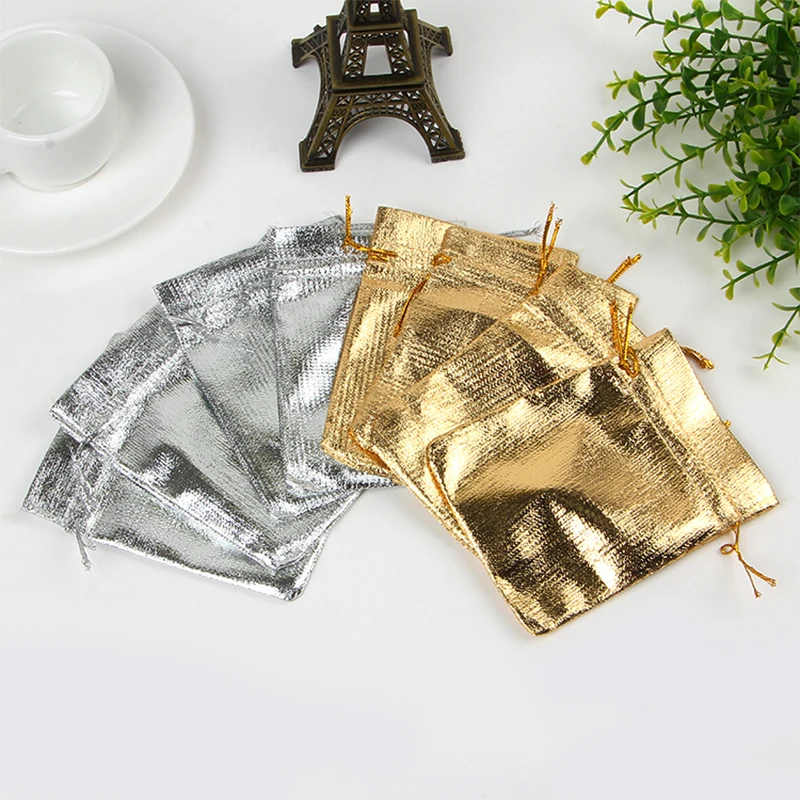10 Pcs 7 X 9 CM Silver Gold Jewelry Satin Packing Bags Drawstring Gift Bag For Christmas Wedding Gift Package