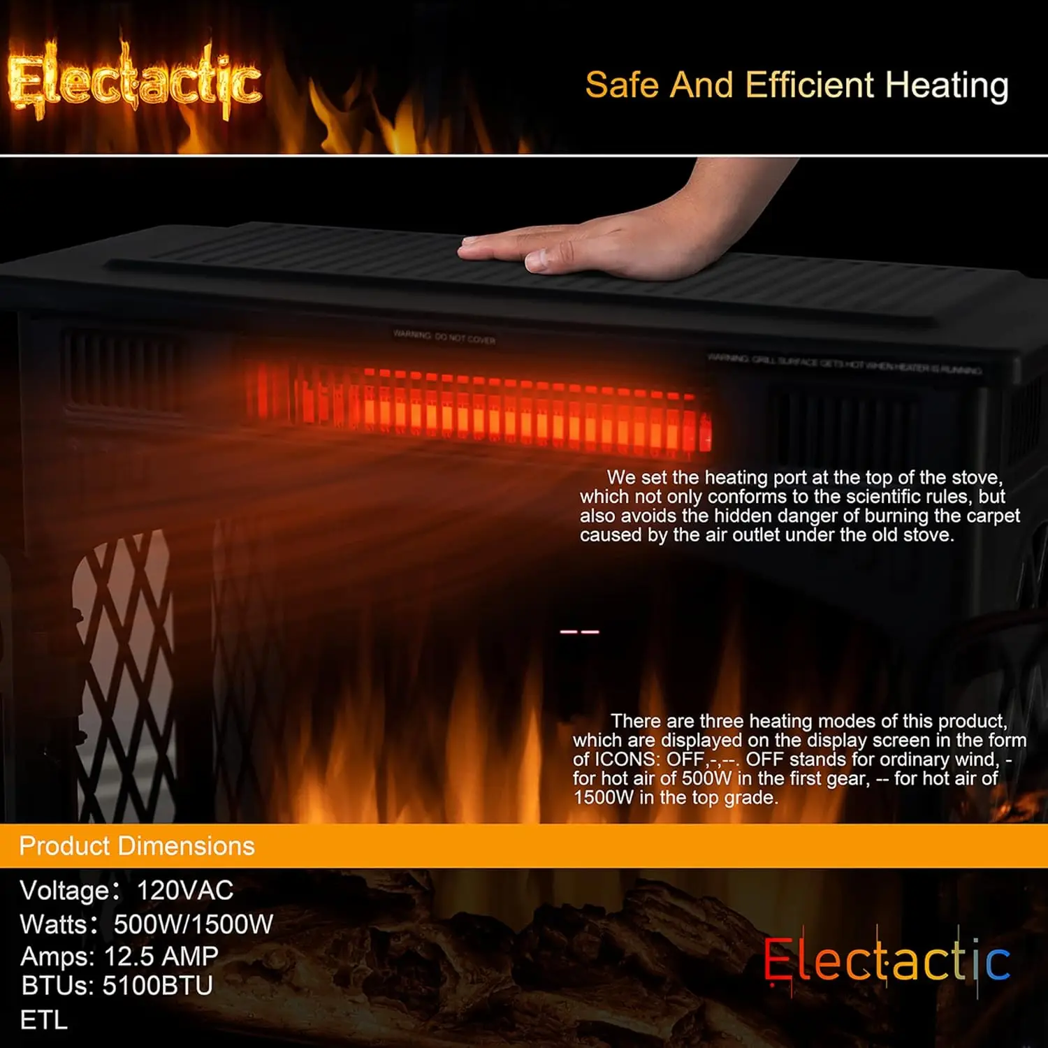 24Inch Electric Fireplace Stove Free-Standing Infrared Fireplace Stove Controllable 3D Flame 4 Variable Flame&Log Colors 6