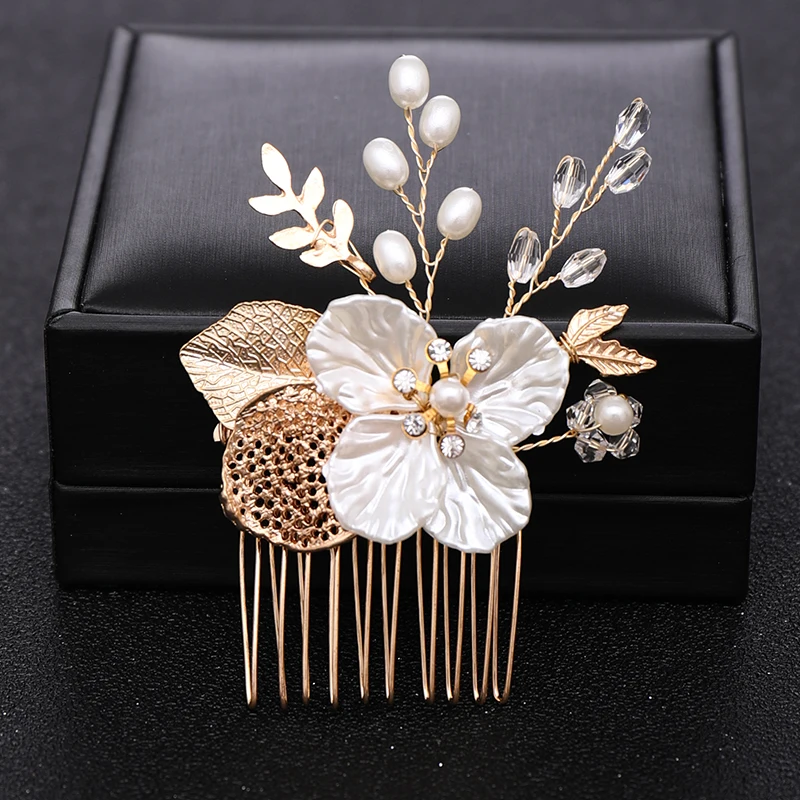 Gold Or Silver Pearl Flower Leaf Crystal Hair Comb Pin Band For Women Bride Wedding Bridal Hair Accessories Jewelry Comb Gift