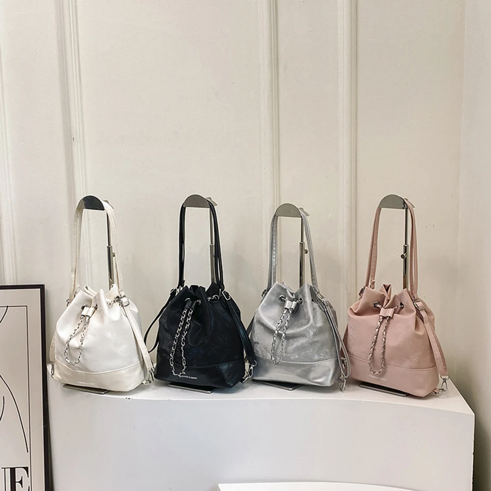 Women Trendy Commuting Bag Large Capacity PU Drawstring Bucket Bag Fashion Shoulder Bag Adjustable Strap for Party Vacation
