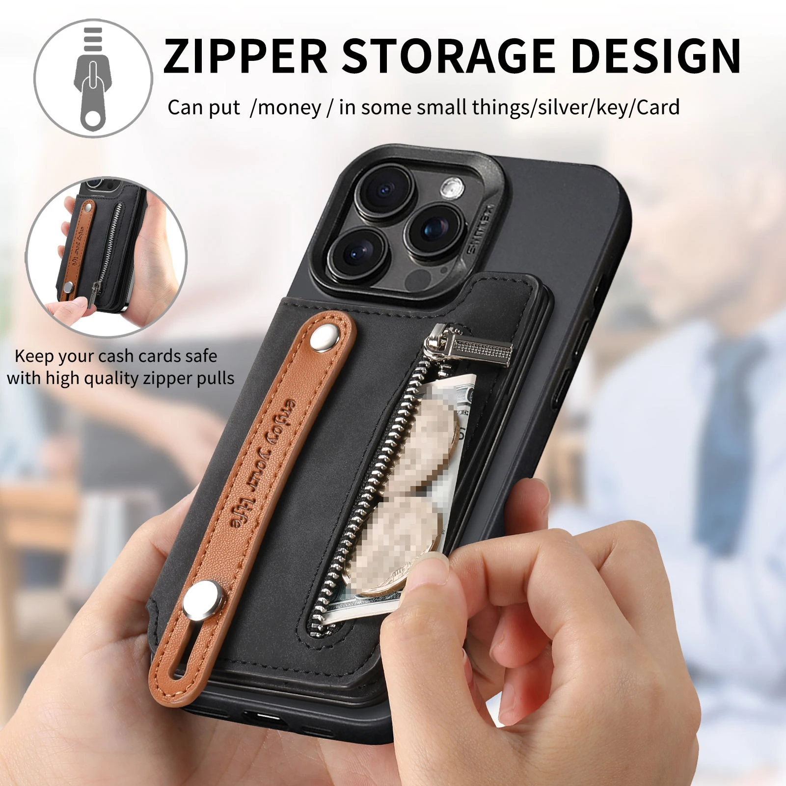 Compact Zipper Wallet with Magnetic Phone Case and Wrist Strap Holder