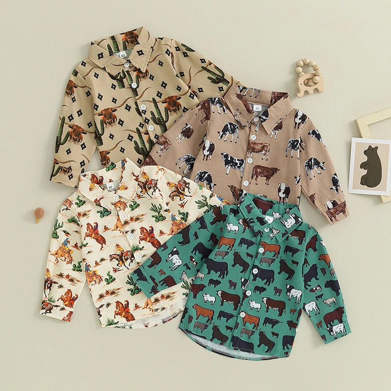 Vintage Kids Shirts Clothes Spring Autumn Blouses Clothing Infant Boys Animal Graphic Print Button Tops Kids Long Sleeves Shirts