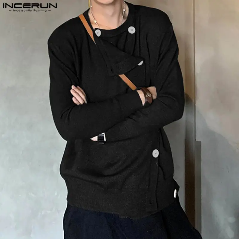 

INCERUN Tops 2023 Korean Style Men's Side Placket Irregular Button Cardigan Sweater Stylish Knitted Long Sleeved Cardigan S-5XL