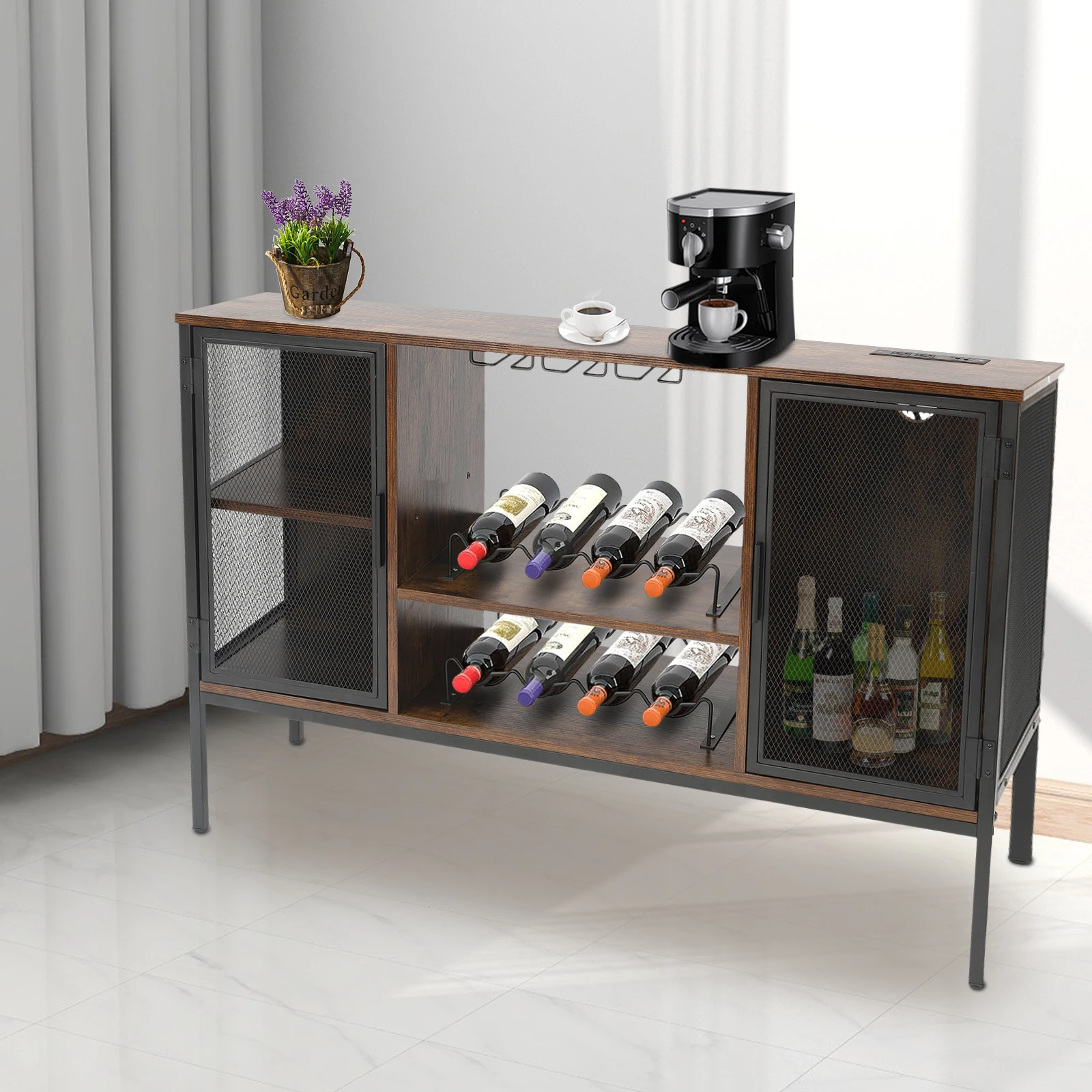 120*34*76.5cm Wine Bar Cabinet Coffee Bar Cabinet Coffee Station Sideboard Wine Rack with Glass Holder for Living Room Kitchen