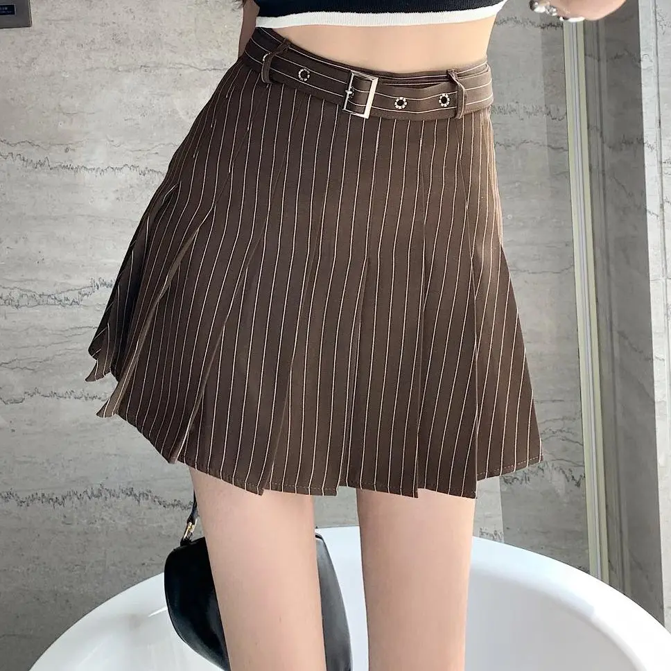 Vintage Striped A-Line Skirt Women Summer Korean Mini High Waist Pleated Skirt Jk Student Kawaii Fashion Streetwear Gift Belt